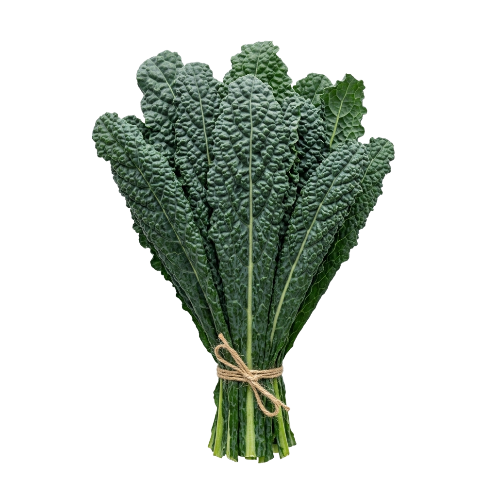 A bundle of fresh green kale leaves tied together with twine.