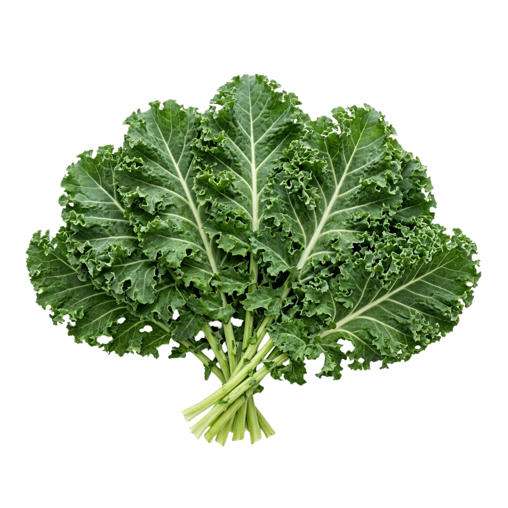 A bunch of fresh green kale leaves with prominent veins and slightly curled edges