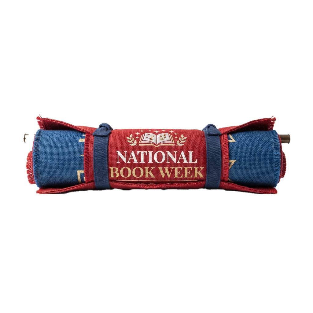 Book cover sleeve with National Book Week text and open book icon in red and blue fabric