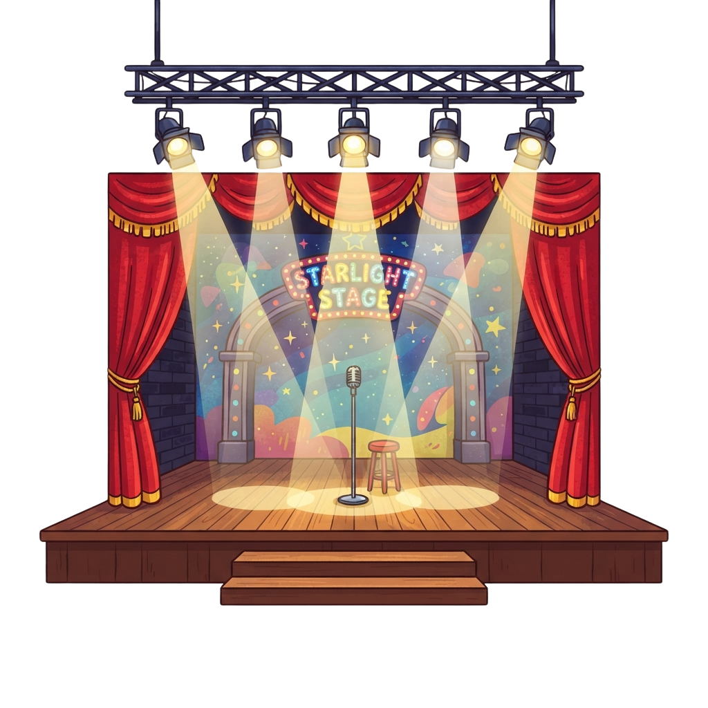 Illustration of a brightly lit stage with red curtains, spotlights, and a backdrop featuring stars and a moon.