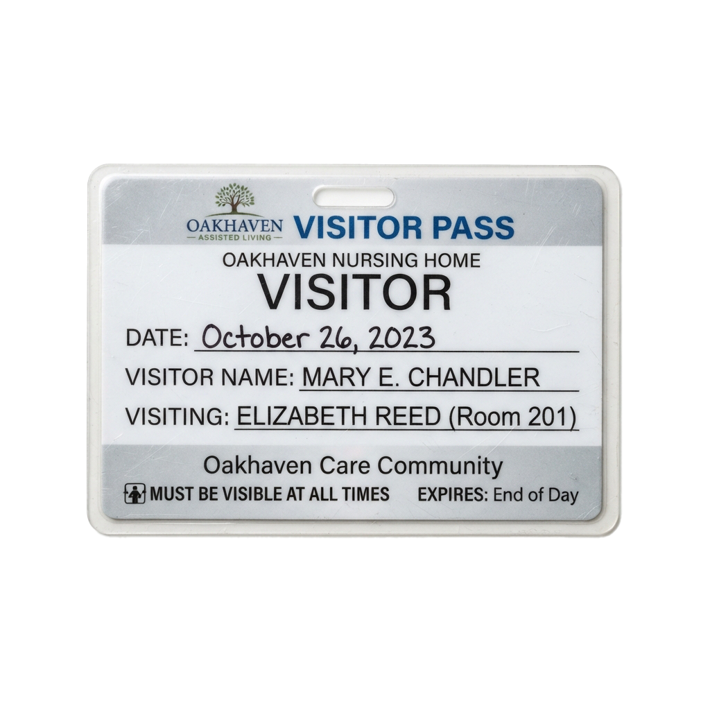 A visitor pass badge for a nursing home showing date, visitor name, and resident details