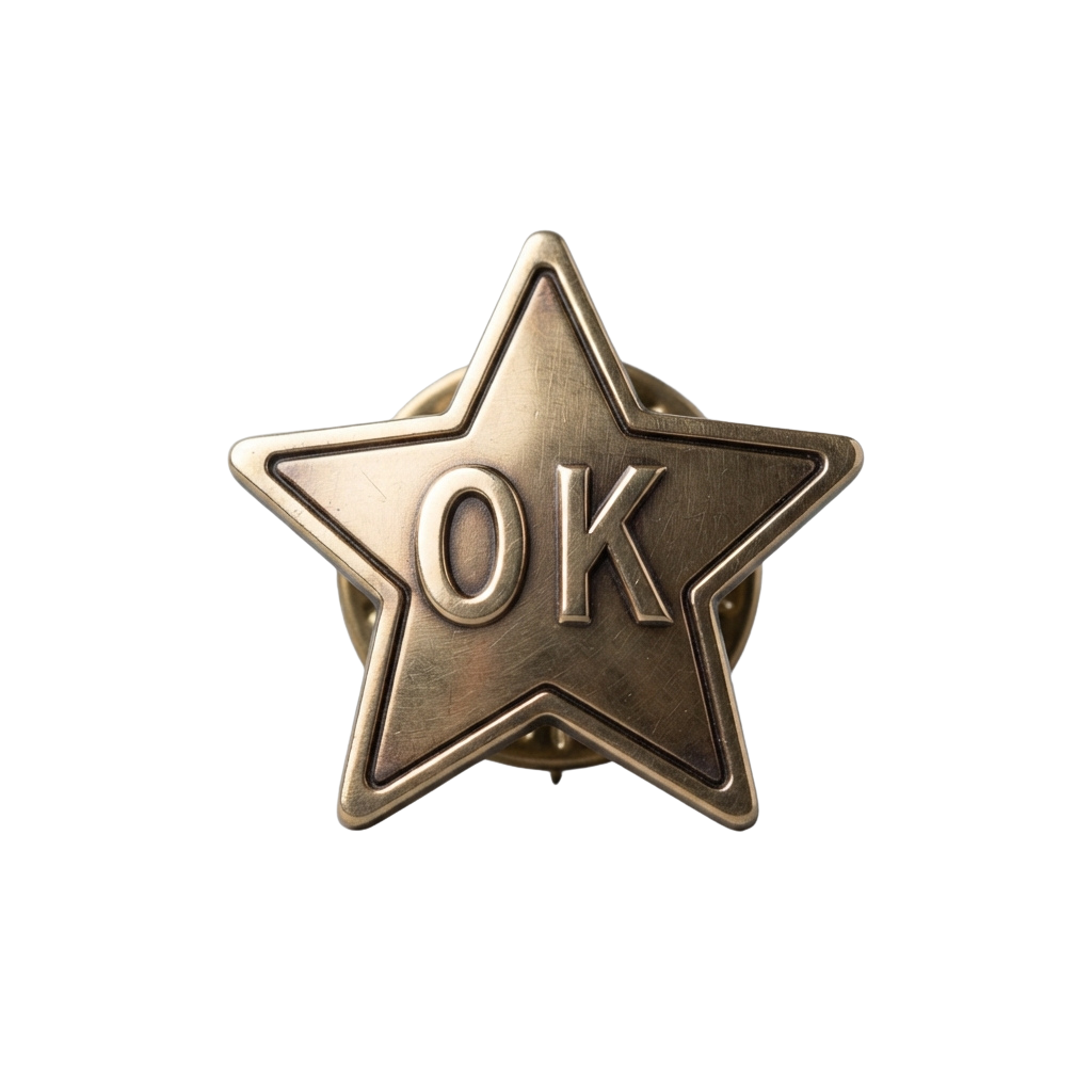 A gold-colored star-shaped pin with the letters OK embossed in the center