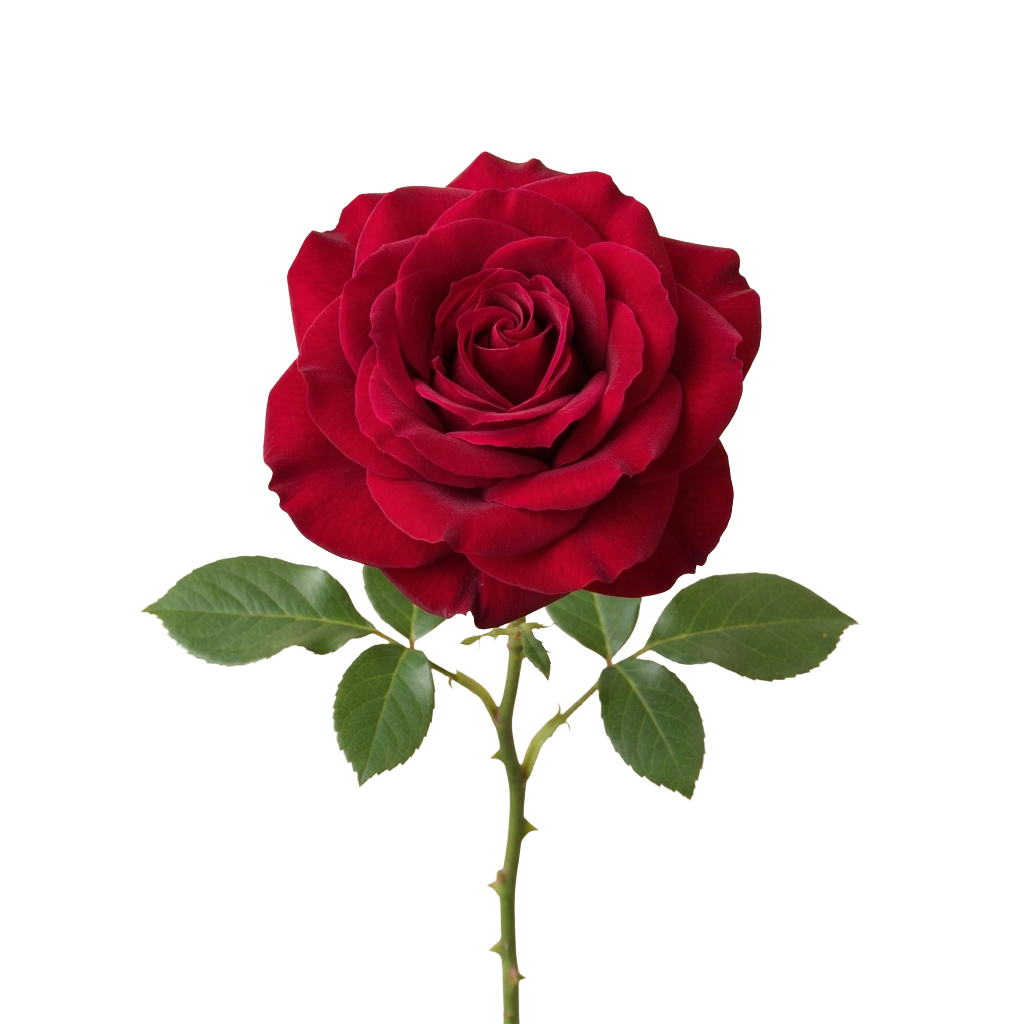 A close-up of a deep red rose with green leaves and stem against a black background