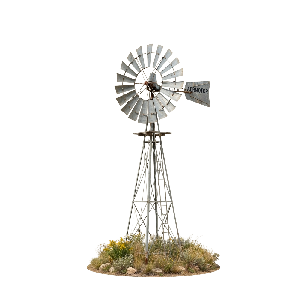 A detailed metal windmill model with a grassy base and black background