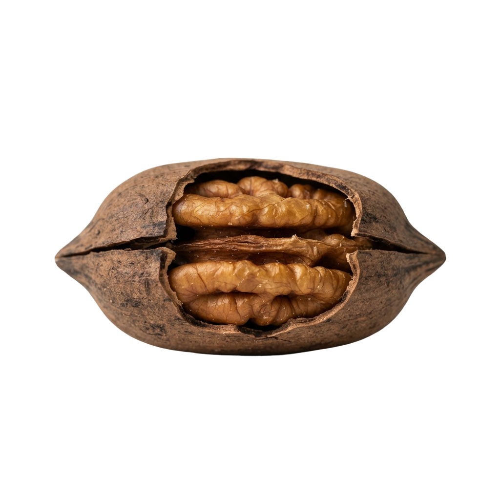 A walnut shell split open revealing two light brown walnut halves inside