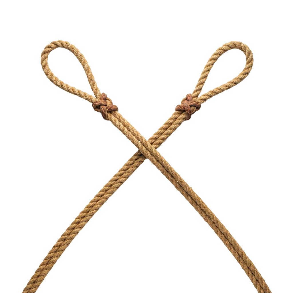 Two beige ropes crossed and tied with loops at the ends.