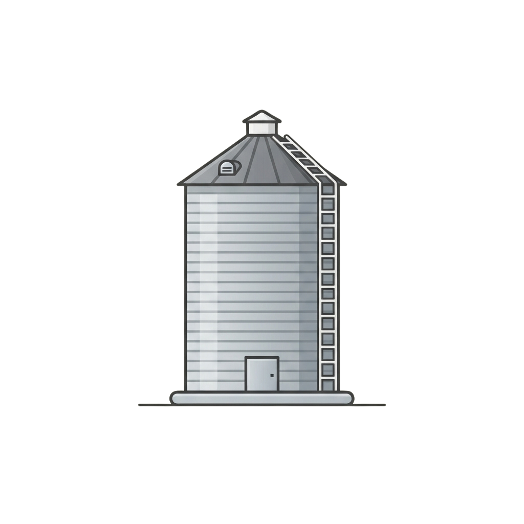 Illustration of a cylindrical grain silo with a metal ladder and small roof vent