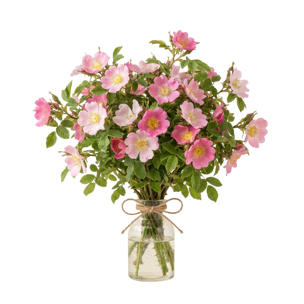 A bouquet of pink roses in a clear glass vase tied with twine