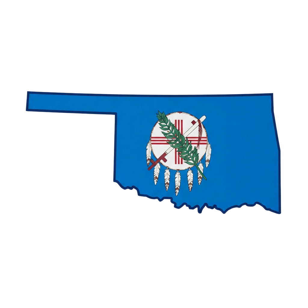Oklahoma state flag featuring a blue field and the state seal with a buffalo, crossed arrows, and an olive branch