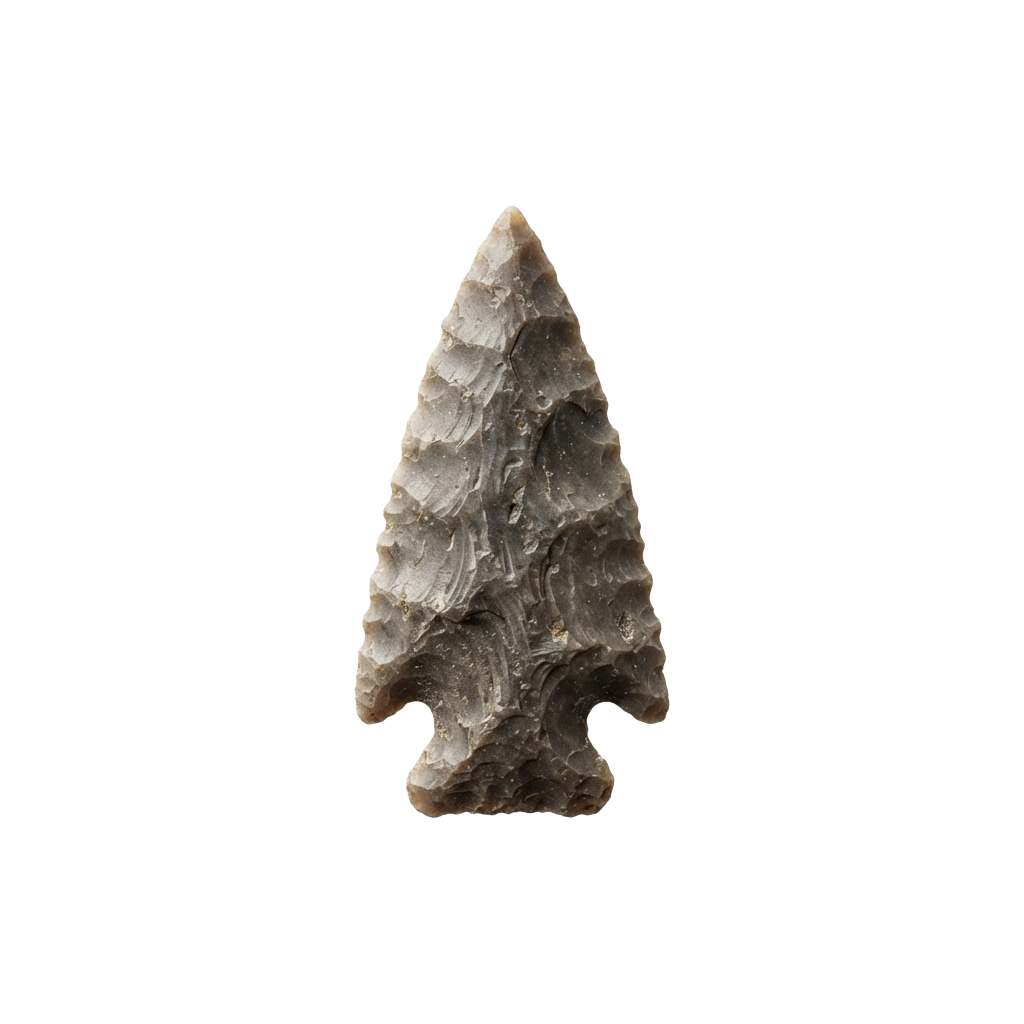A gray stone arrowhead with a sharp triangular point and serrated edges.
