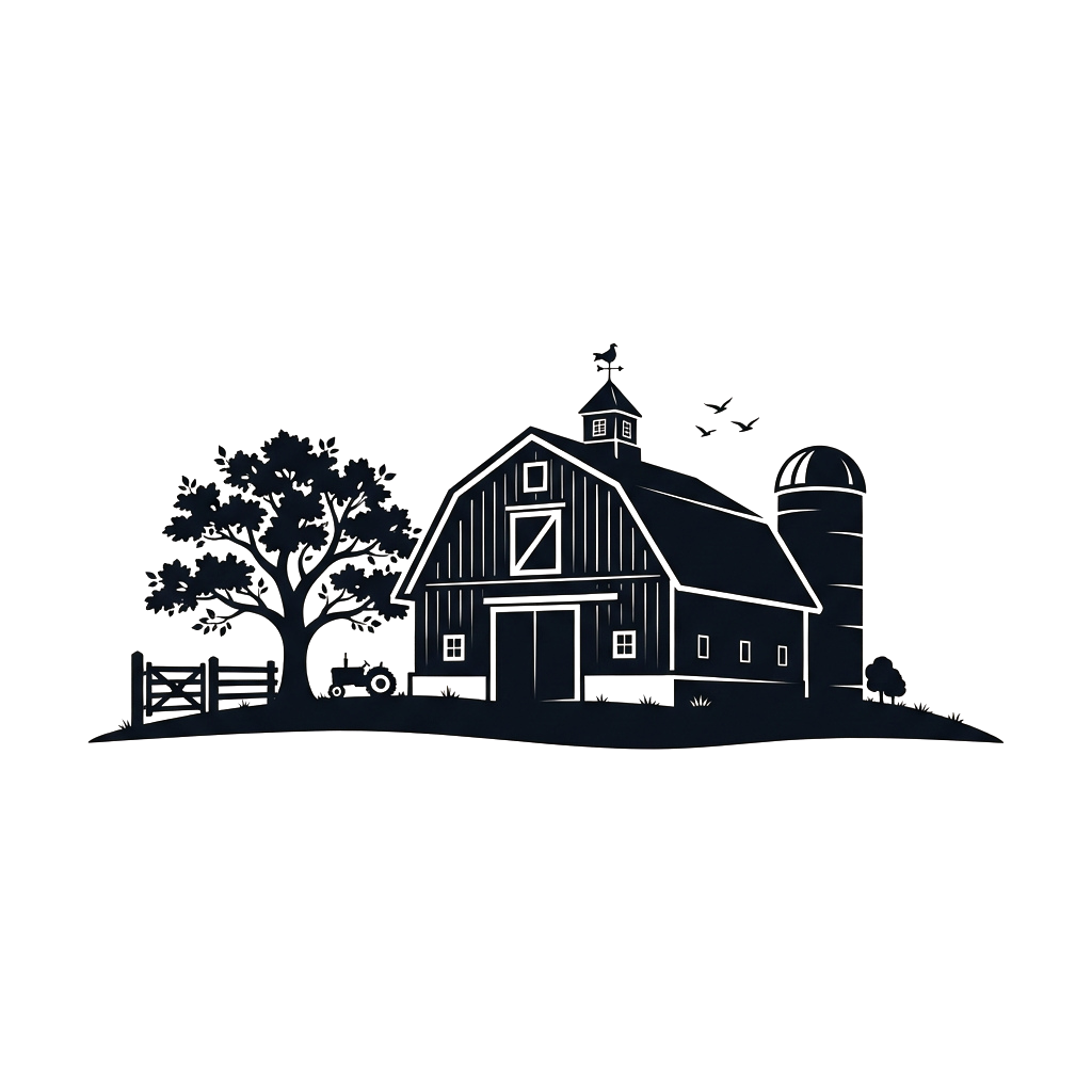 A barn and silo illuminated at night with a tree silhouette in the foreground