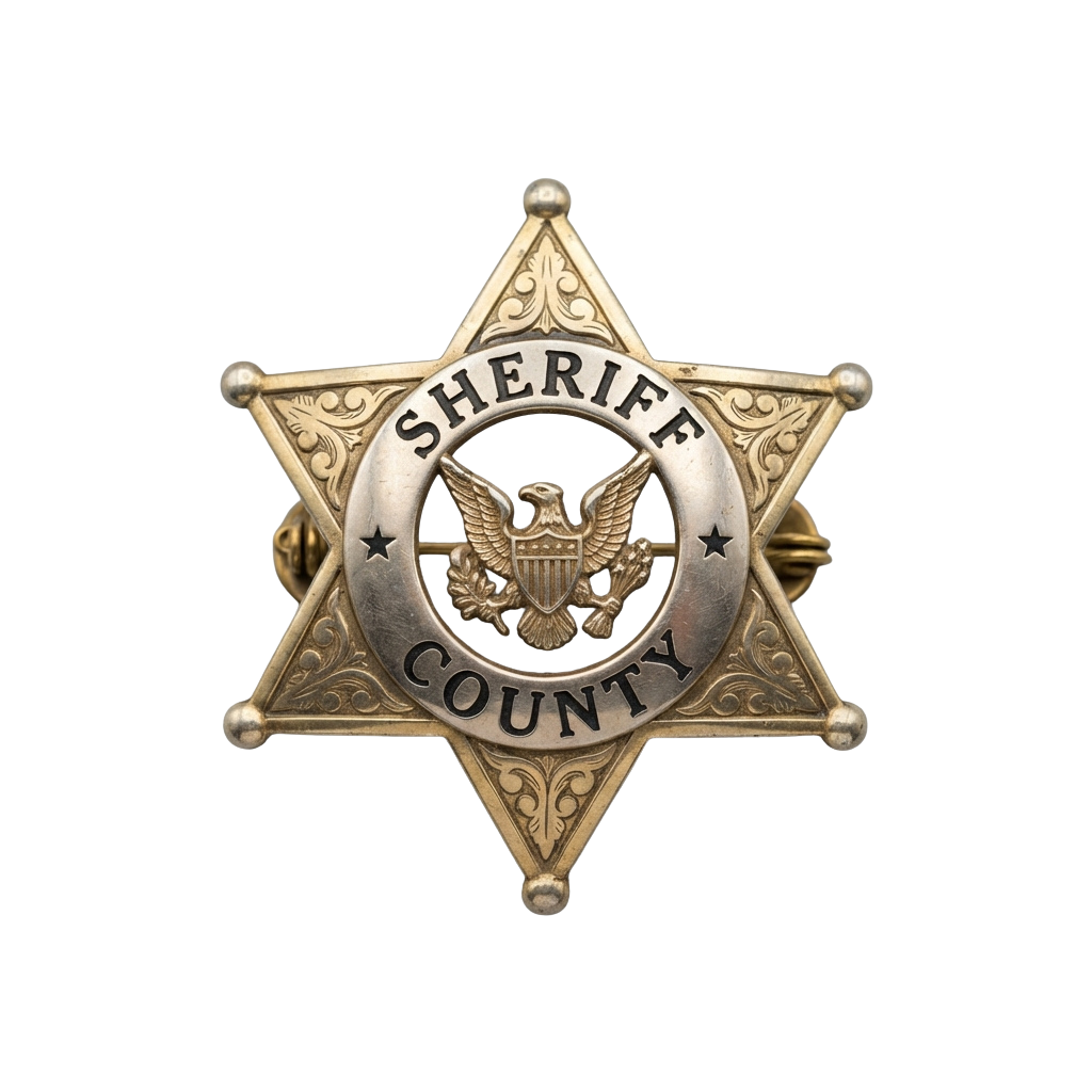 A decorative sheriff county badge featuring an eagle emblem in the center and ornate star design.