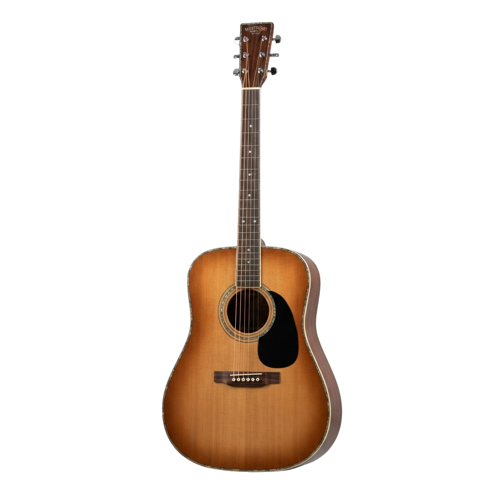 A natural wood acoustic guitar shown from the front with six strings and a round sound hole