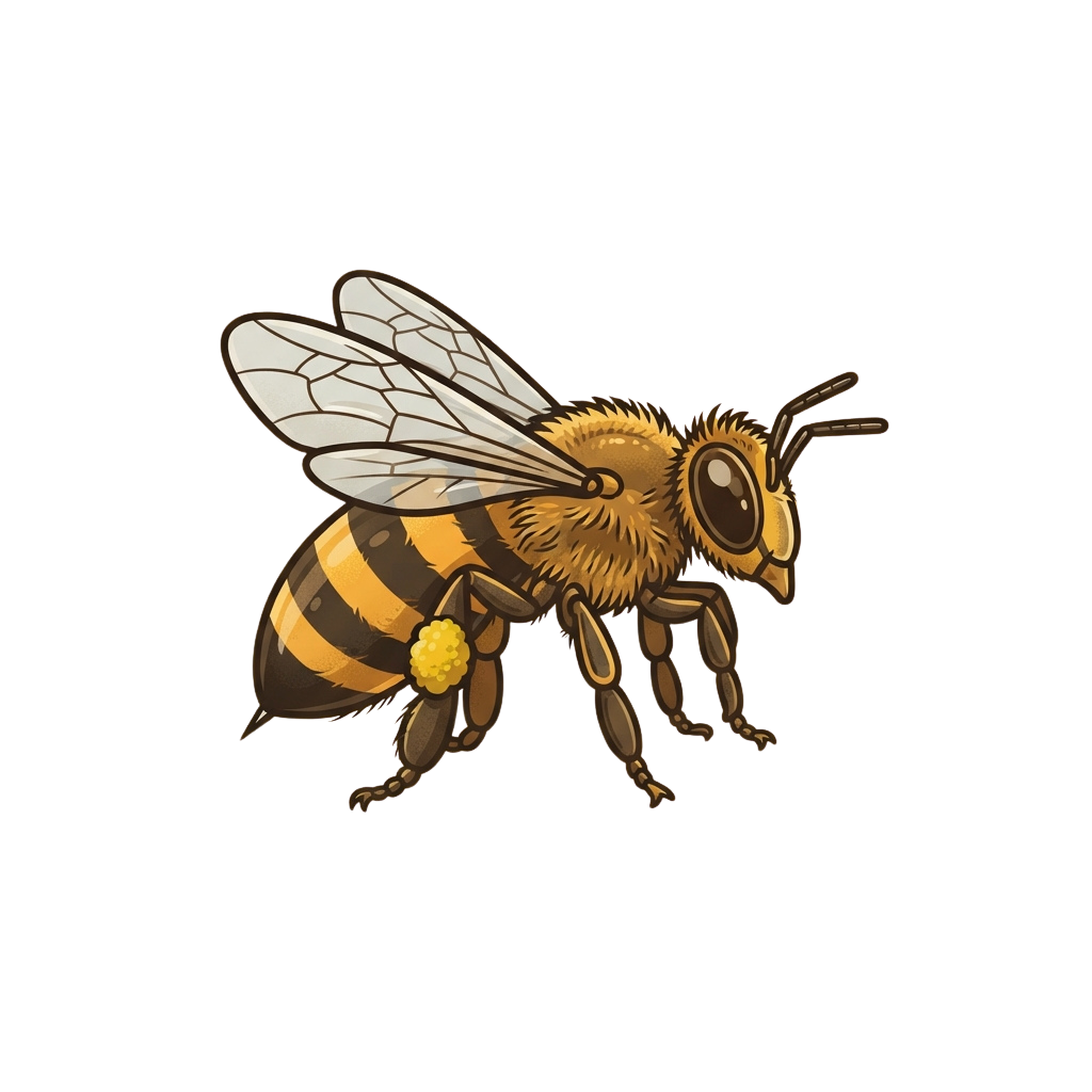 A detailed illustration of a honey bee with yellow and black stripes carrying pollen on its leg
