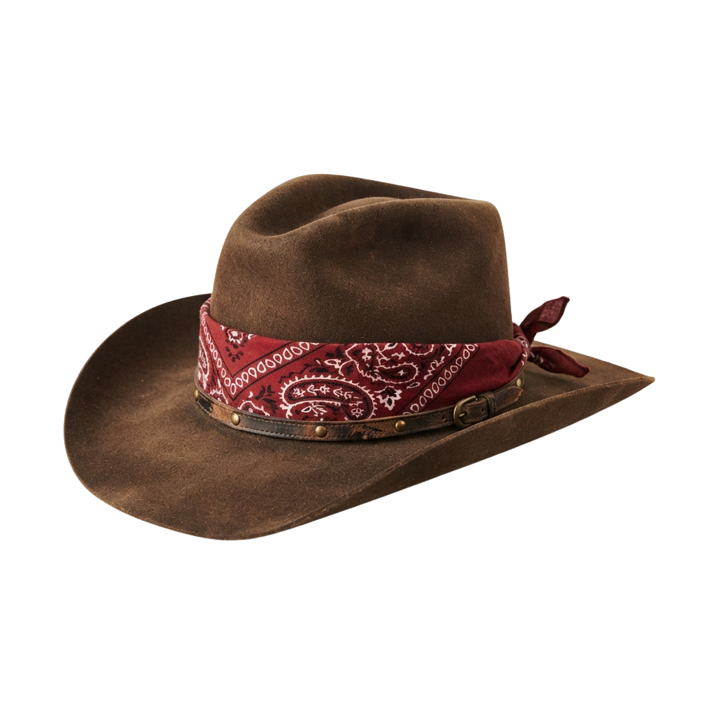 A brown cowboy hat with a red bandana and a dark leather strap under the brim