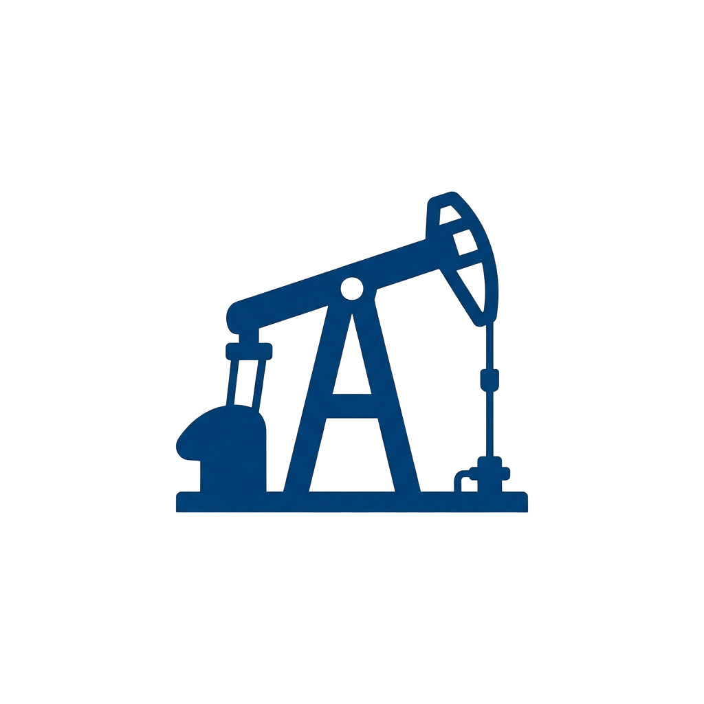 A blue silhouette of an oil pump jack standing on a base with a counterweight.
