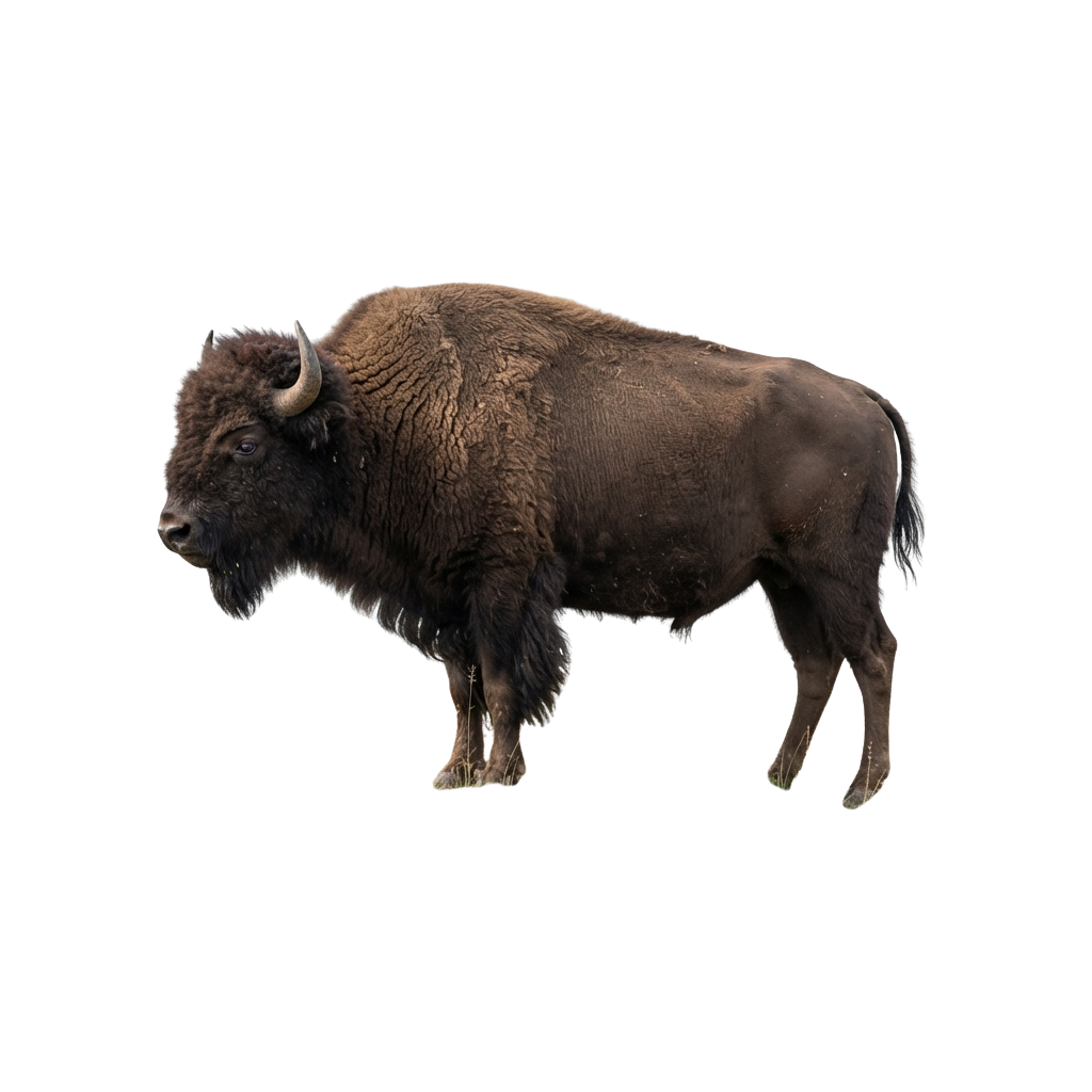 A solitary American bison standing on a dark background facing left