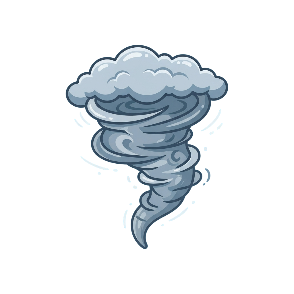 A stylized tornado with a dark storm cloud swirling in a black background