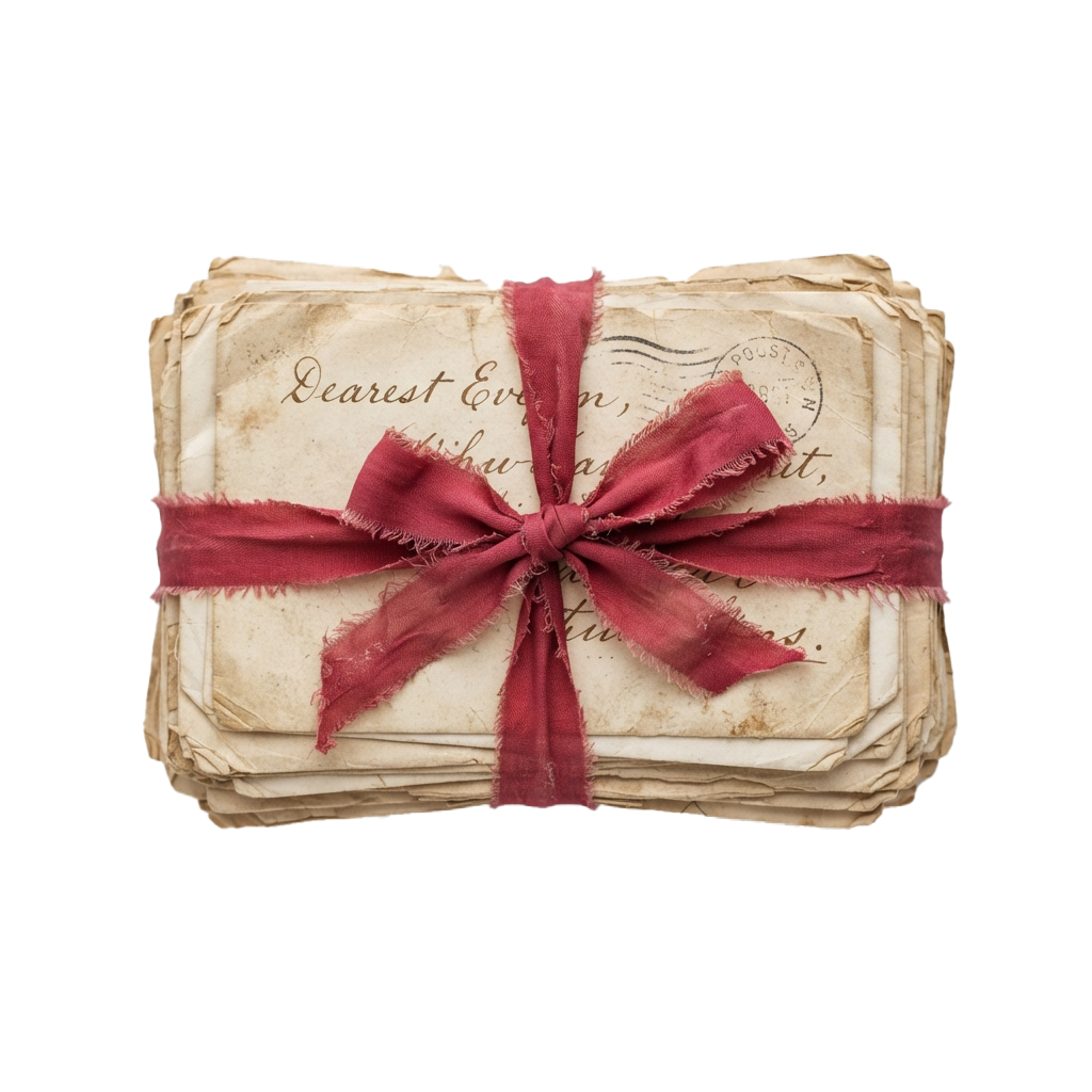 Aged envelope tied with a red ribbon resembling a gift package.