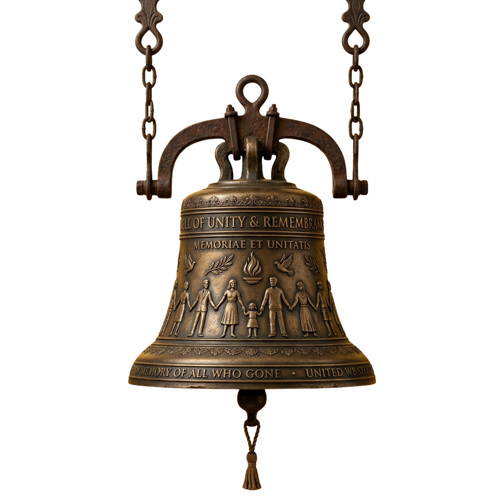 A bronze memorial bell hanging by chains with engravings of a family and the words Unity and Remembrance