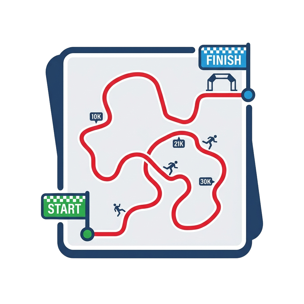 A running route map showing a winding path with start, finish, and distance markers at 10K, 21K, and 30K points