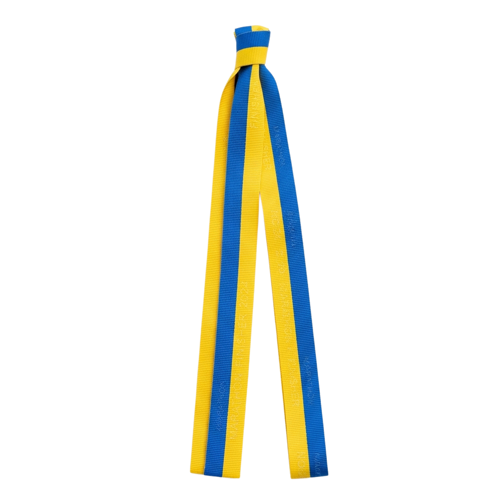 A blue and yellow striped fabric tie or ribbon against a black background