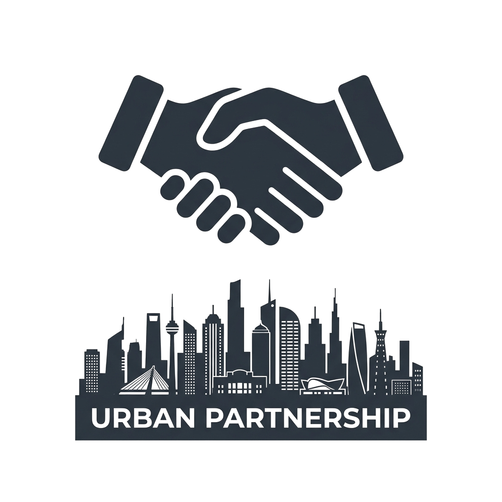 Two hands shaking over a city skyline illustration with the text Urban Partnership