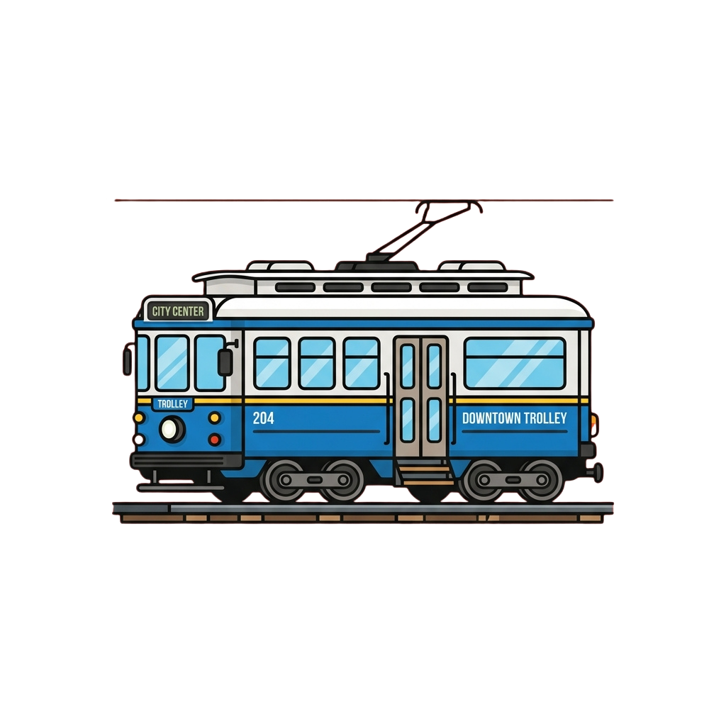 Illustration of a blue and white trolley labeled Downtown Trolley on tracks with overhead wires