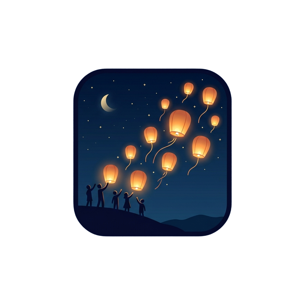 Group of silhouetted people releasing glowing orange lanterns into a starry night sky with a crescent moon