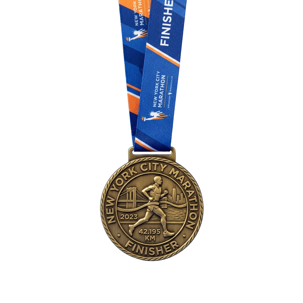Gold finisher medal for the 2023 New York City Marathon with a blue and orange ribbon.