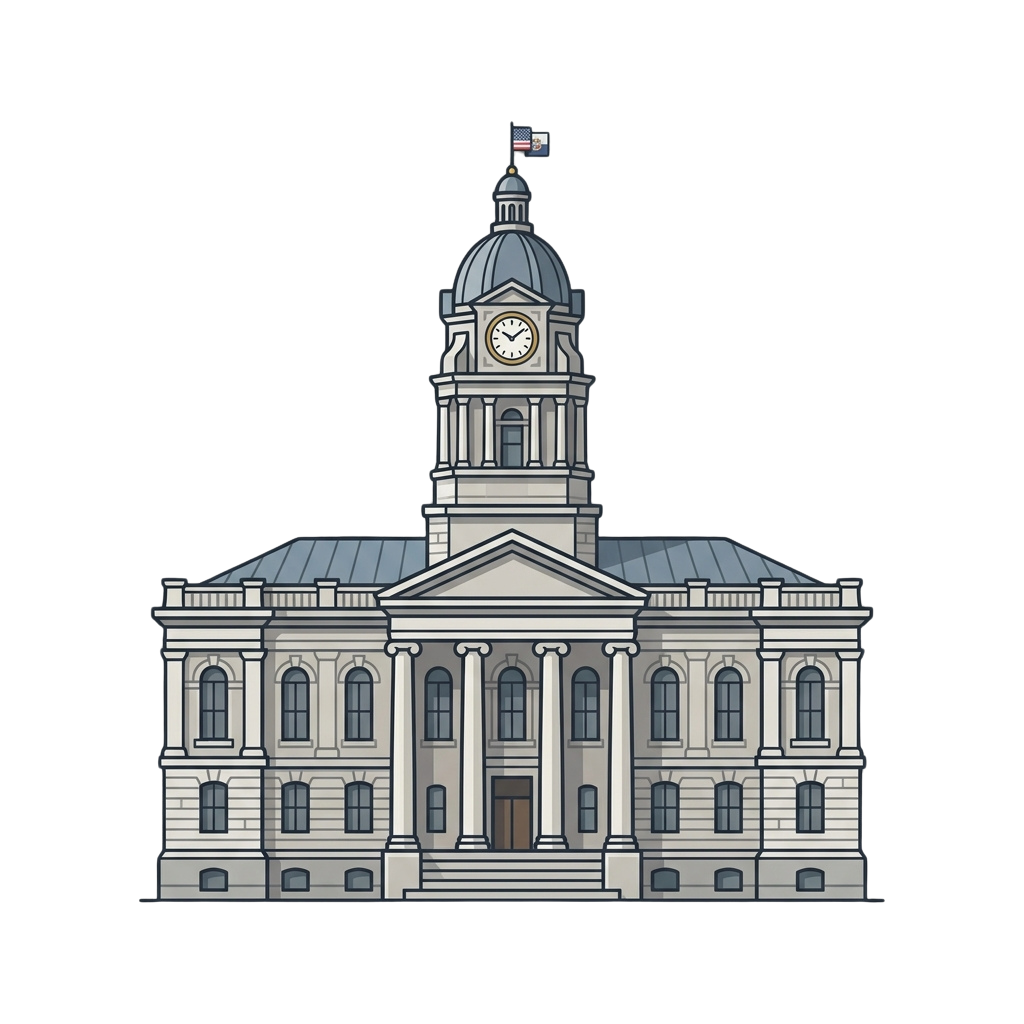 Illustration of a grand government building with a clock tower and flag at the top