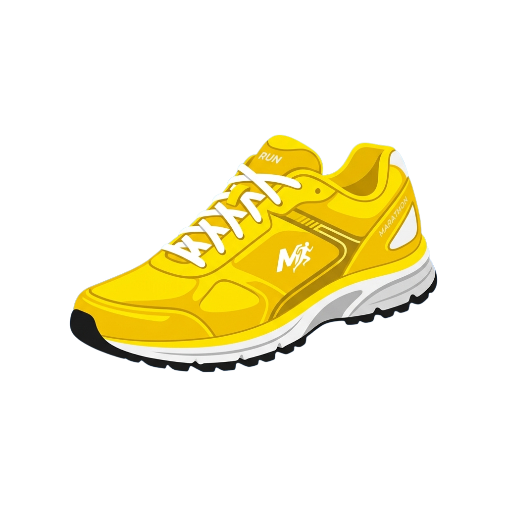 Bright yellow athletic running shoe with white laces and accents, displayed on a black background