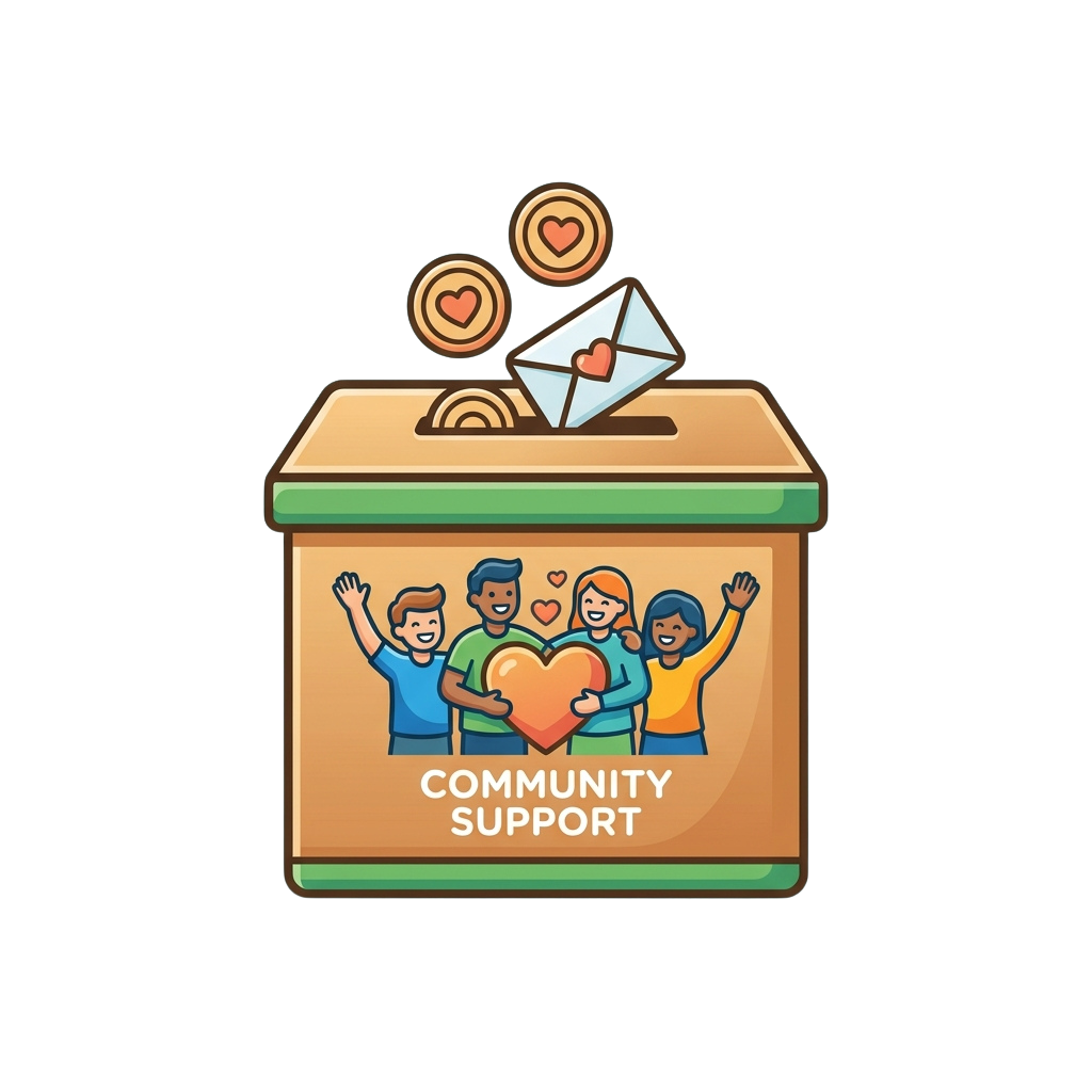 Illustration of a donation box labeled Community Support with people holding a heart and coins dropping in