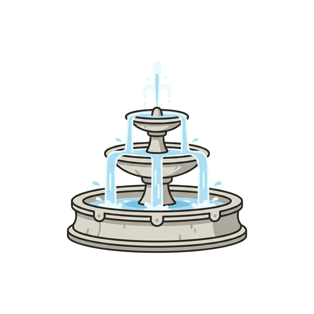 A stylized illustration of a multi-tiered water fountain with flowing streams of water and a central spout.