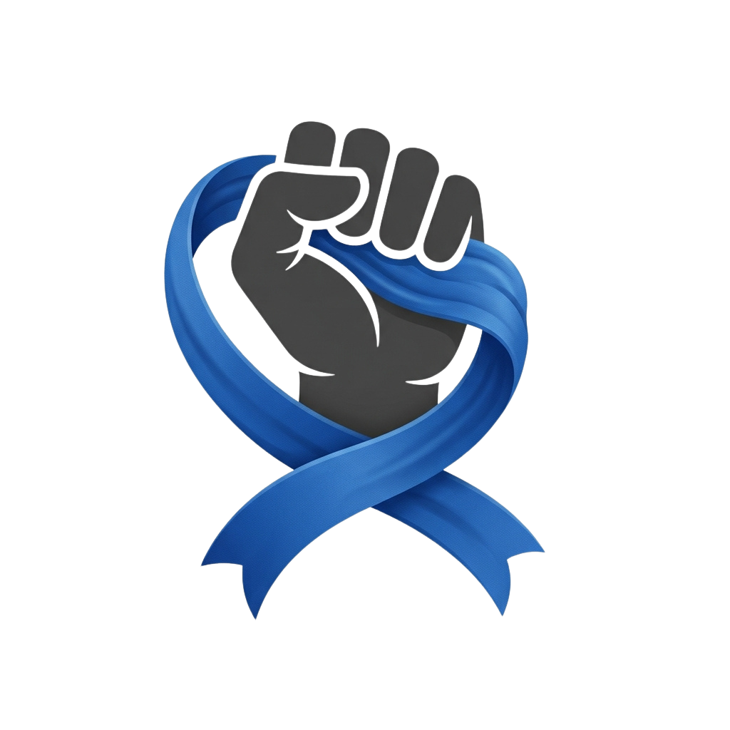 A clenched fist wrapped with a blue ribbon against a black background