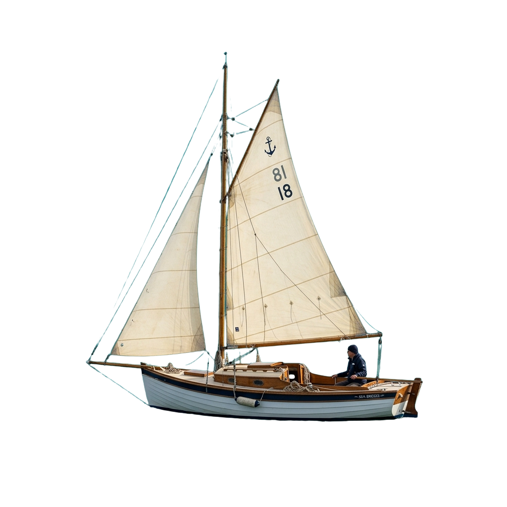 A classic wooden sailboat with two sails and a person onboard against a dark background