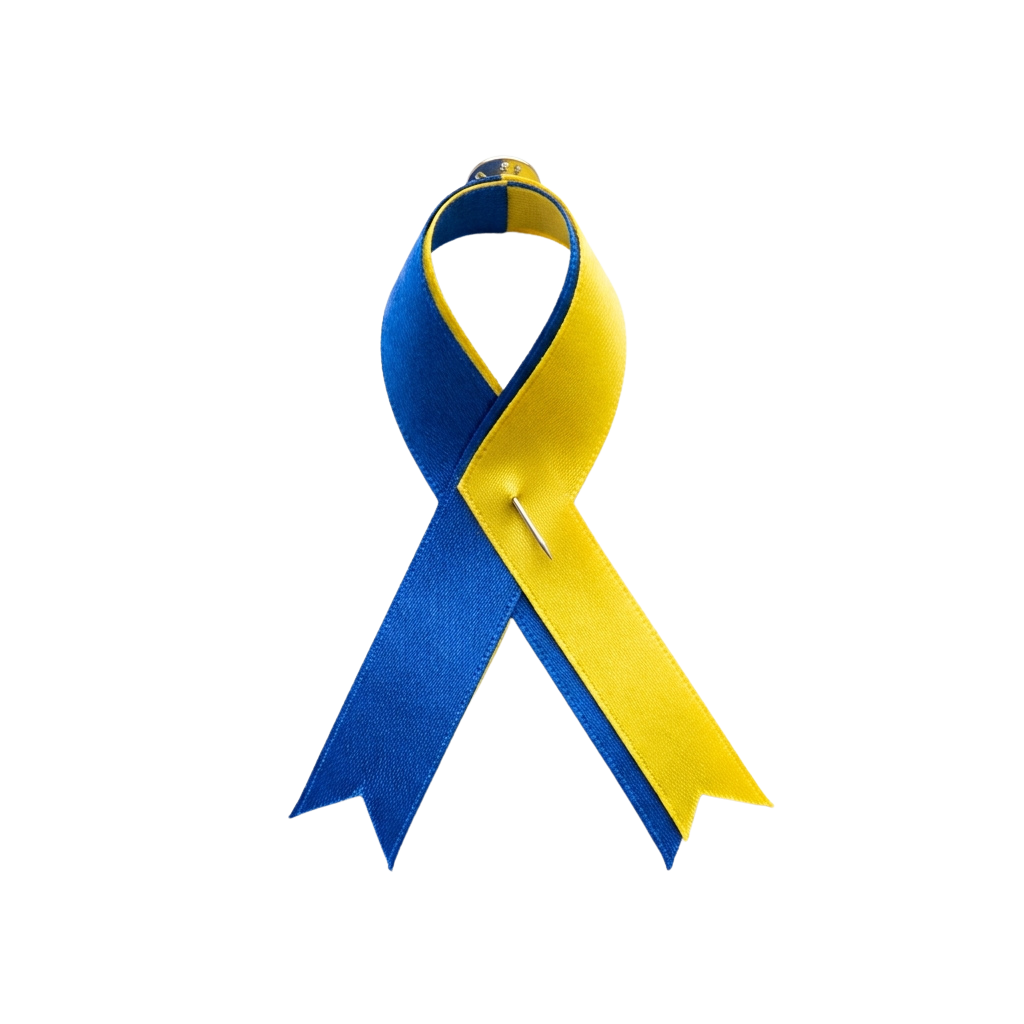 Blue and yellow awareness ribbon symbol on black background