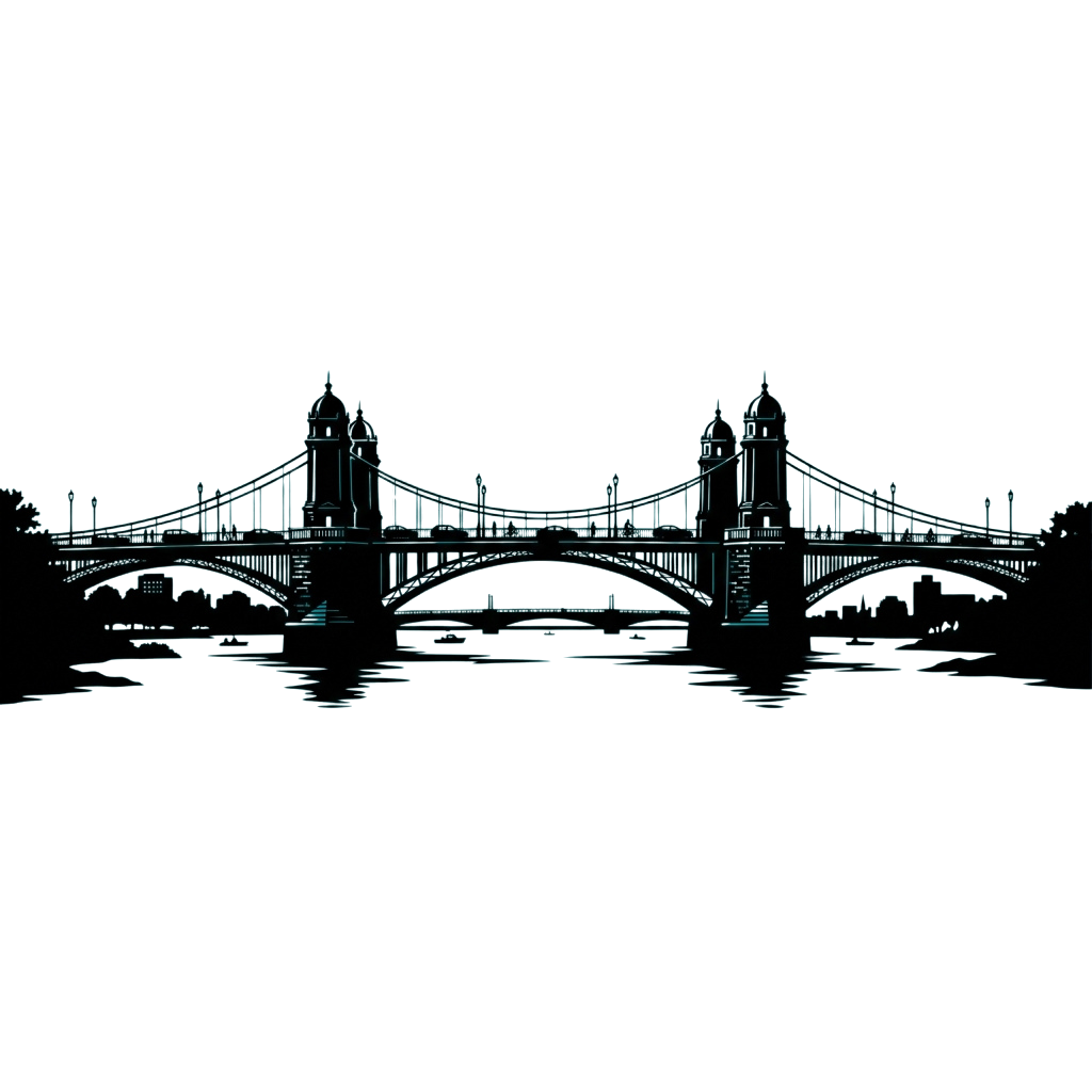 A stylized cyan line drawing of a bridge with towers and arches at night.