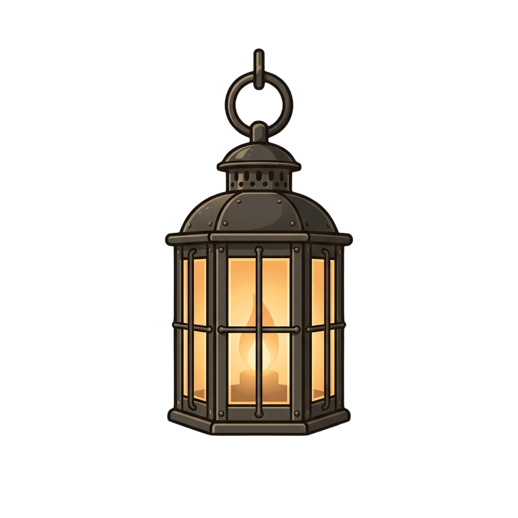 A vintage metal lantern hanging from a hook, emitting a warm glow from inside.