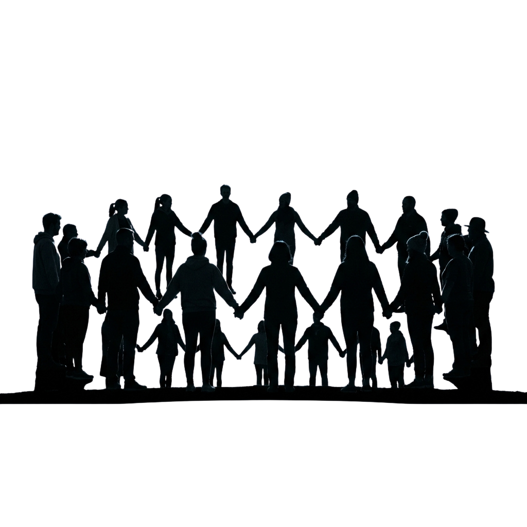 Group of people standing in silhouette under bright stage lighting at night