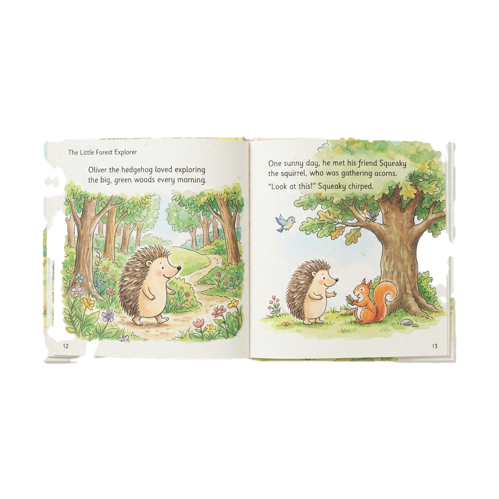 Illustration of a hedgehog exploring a forest and meeting a squirrel on the next page