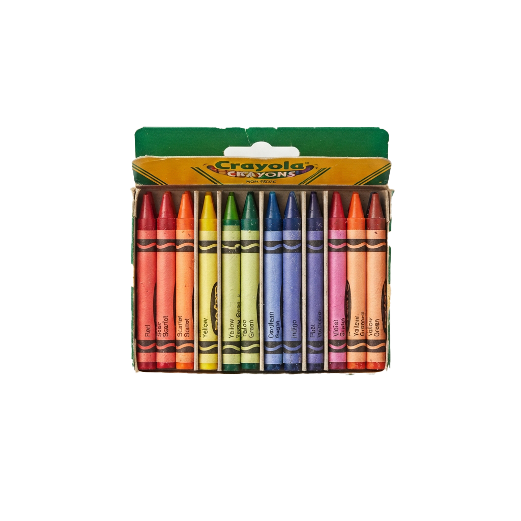 A box of twelve assorted colored crayons in a green and yellow packaging.