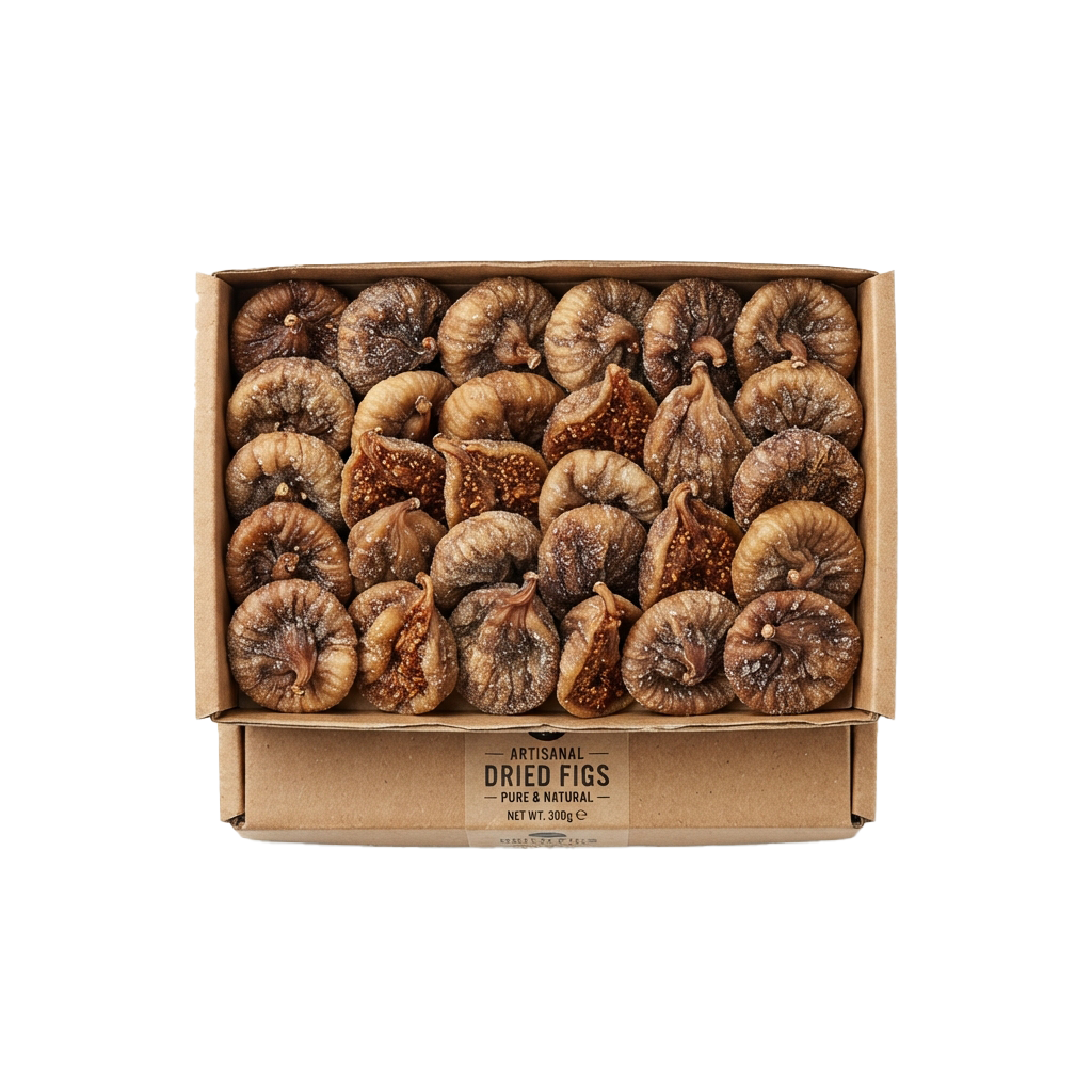 Box filled with dried figs in various shapes and sizes, labeled artisanal dried figs pure natural