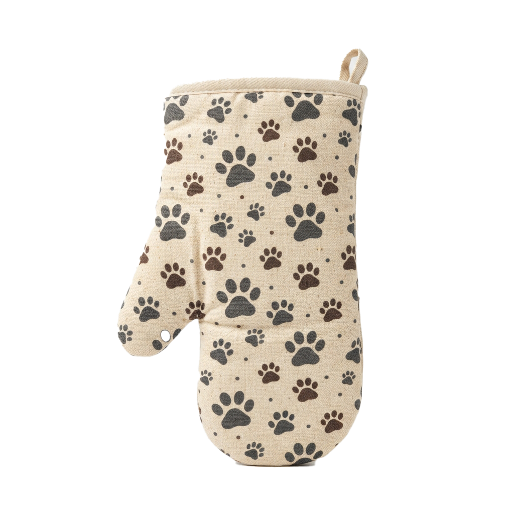 Light beige oven mitt with repeated dark paw print pattern and small dots
