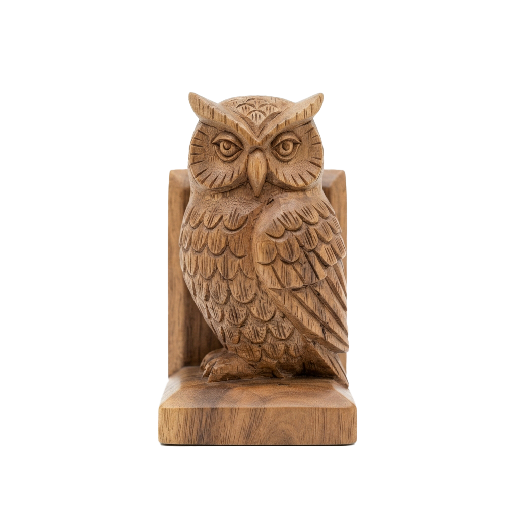 A detailed wooden owl sculpture perched on a rectangular base.