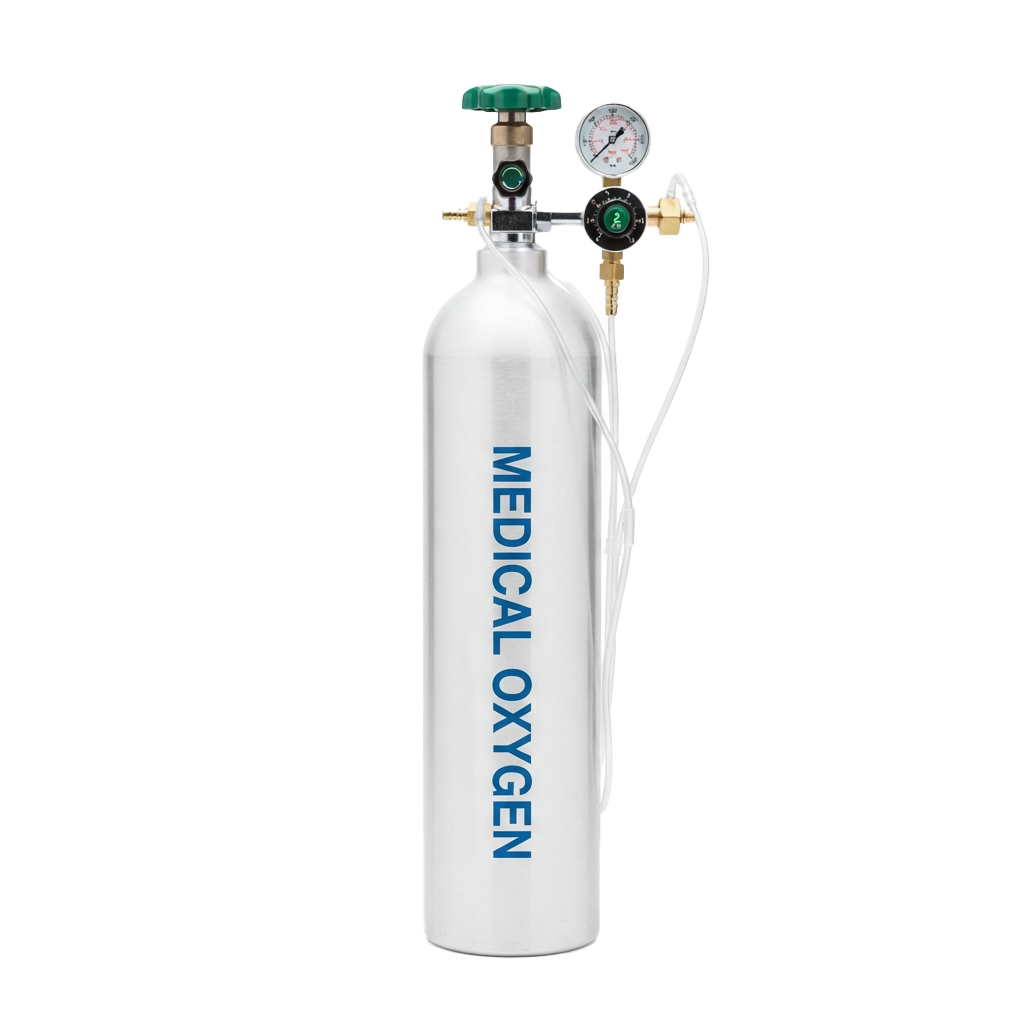 A white medical oxygen tank with green valve and attached pressure gauge and regulator