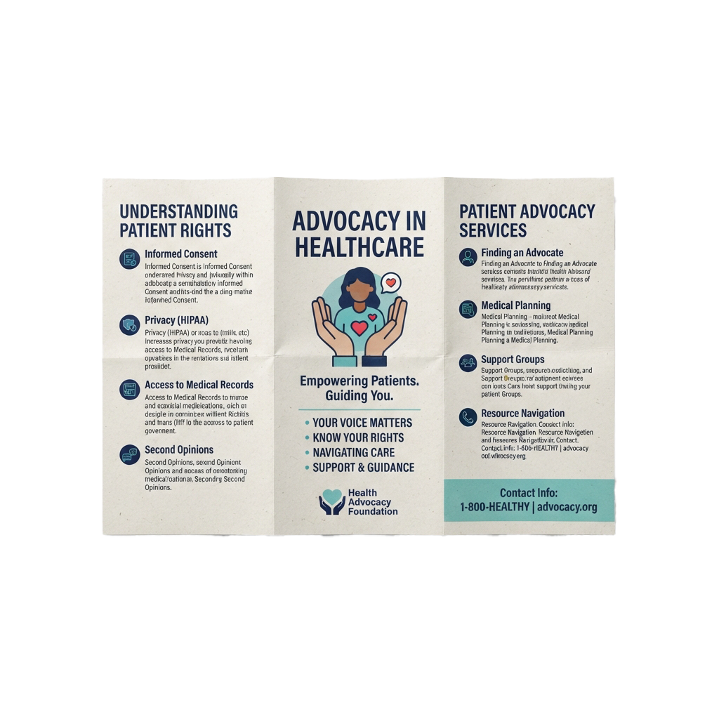 Infographic explaining patient rights and advocacy services in healthcare with icons and text panels