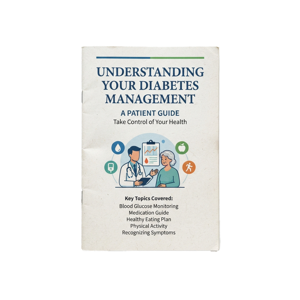 Diabetes management guide showing doctor and patient with key topics like blood glucose monitoring and healthy eating