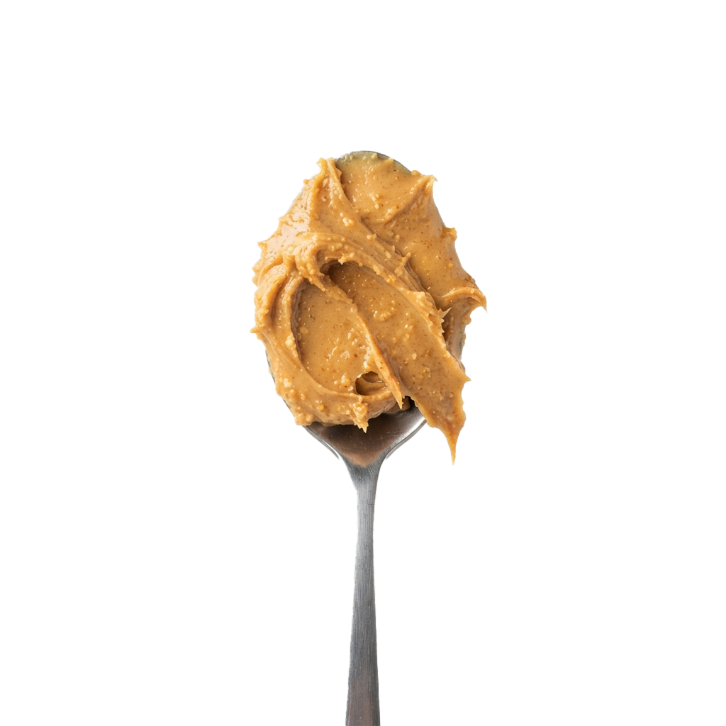 A spoonful of creamy peanut butter with a smooth texture and slight swirls