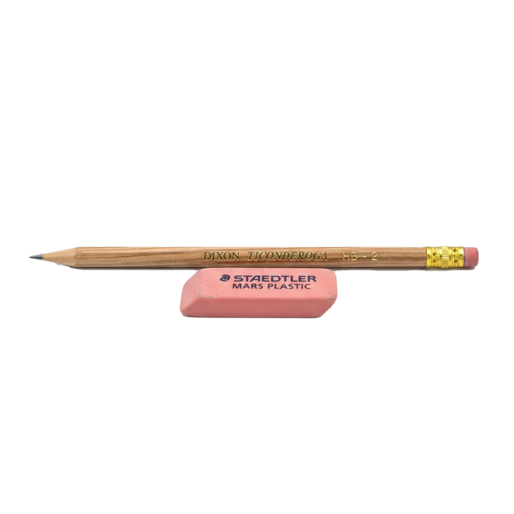 A wooden pencil with a yellow tip and a pink Staedtler Mars Plastic eraser on a black background